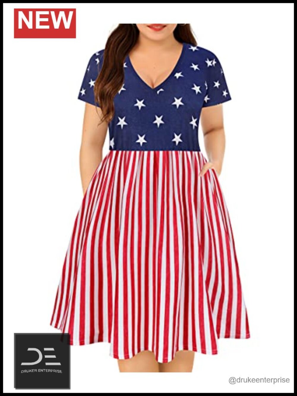 Plus Size V Neck Short Sleeve Boho Dress with Pockets Knee Length